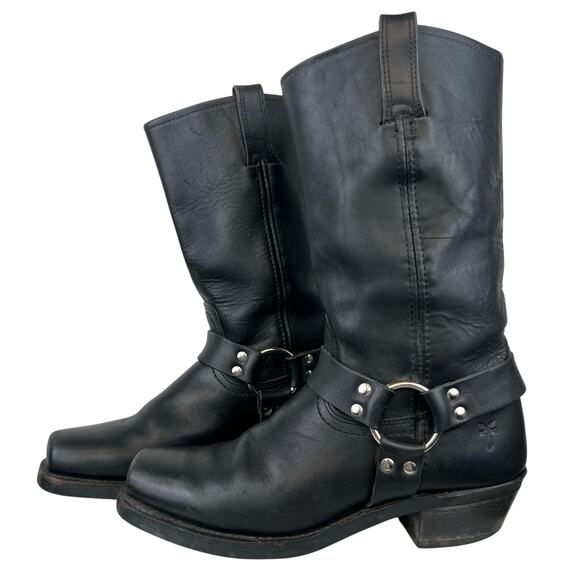 Frye Harness Black Leather Moto Mid-Calf Block Heel Square Toe Boots (Sz 10) - Picture 1 of 14